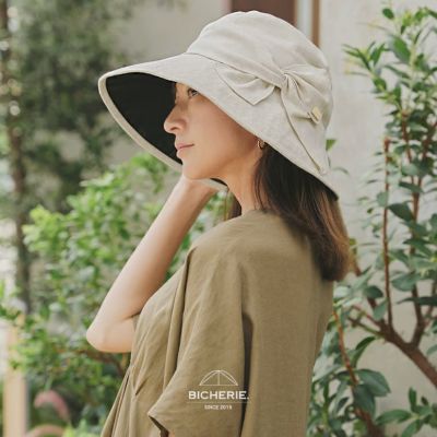 100% 完全遮光 日本製 リボンクロッシェ 麻混 全2色 レディース 帽子 撥水 完全遮光帽子 UVハット