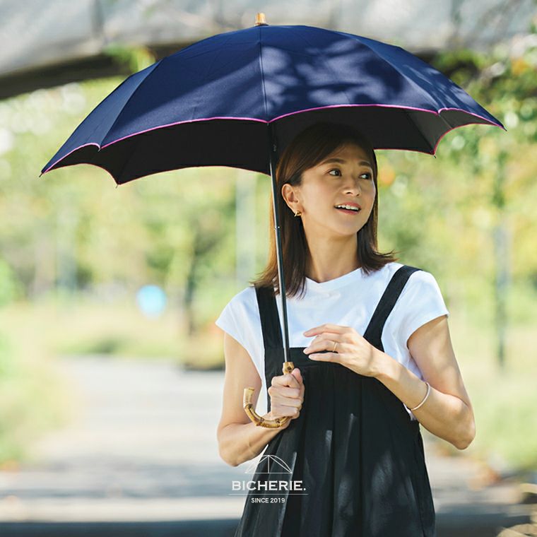 100%完全遮光 晴雨兼用 折りたたみ日傘 2段タイプ 50cm アーチ ネイビーシャンブレー
